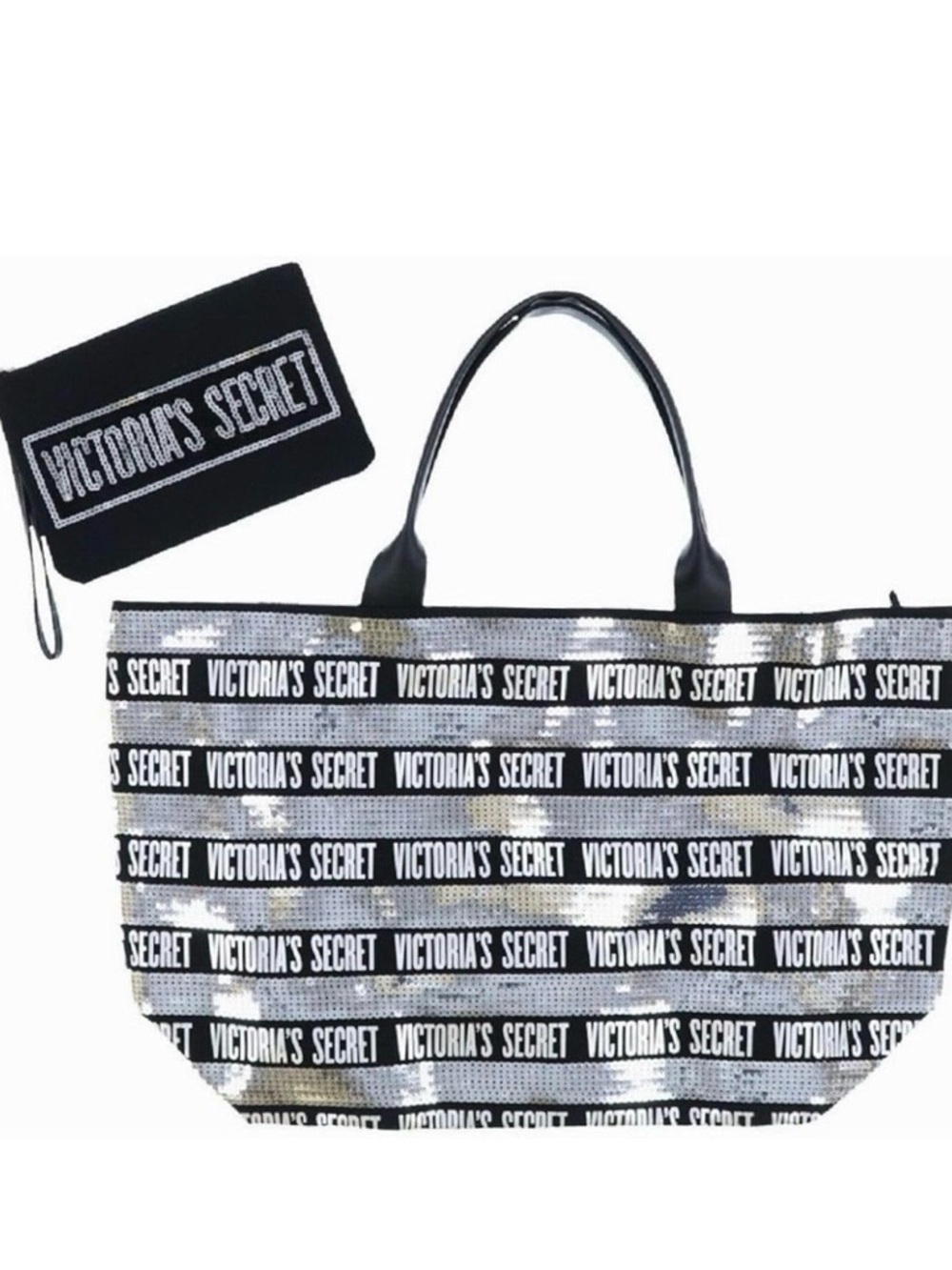 Victoria's Secret Black & Silver Sequin Logo Tote with Matching Wristlet